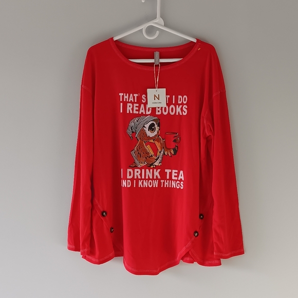 noracora Other - NEW NoraCora Jersey Sleep Shirt Lounge Pajama Top Books Tea Owl Red Extra Large